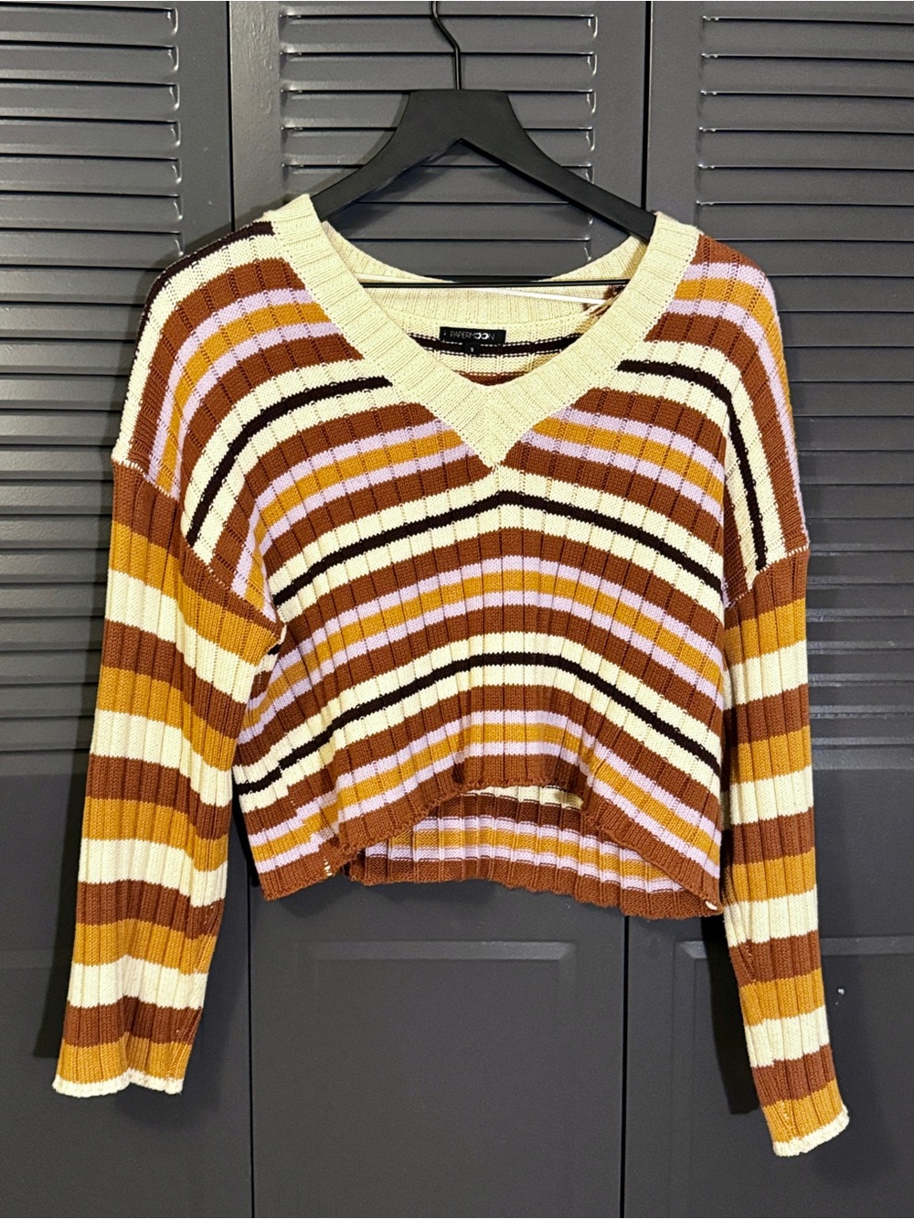 Cropped V-Neck Multi-color Striped Sweater